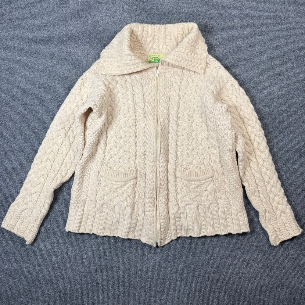 Shades of Aran Ireland Merino Wool Cable Knit Zip Cardigan Sweater Cream Small
